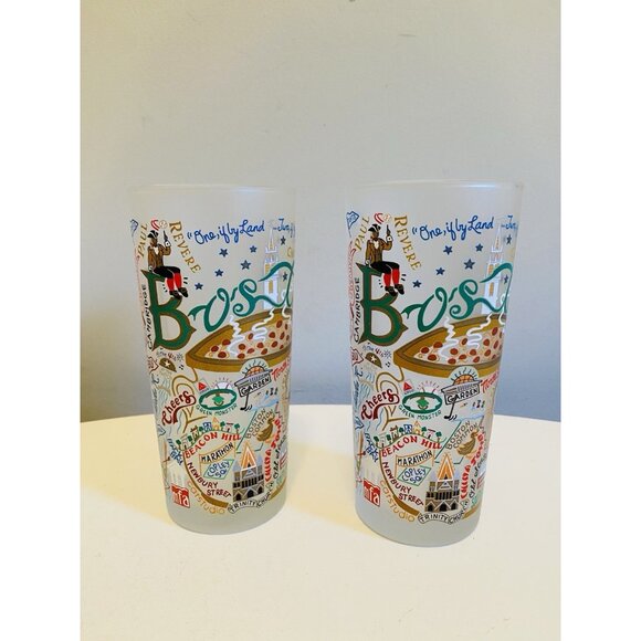 2 Boston Themed Catstudio Frosted Drinking Glasses Dated 2015 - Picture 1 of 11